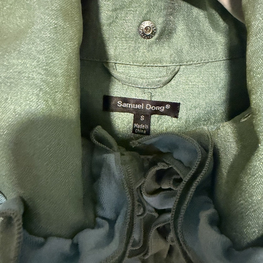 Samuel Dong Green Lagenlook Jacket Coat Dress Ruffle Trim Taffeta Avant Garde Sm - Picture 3 of 10